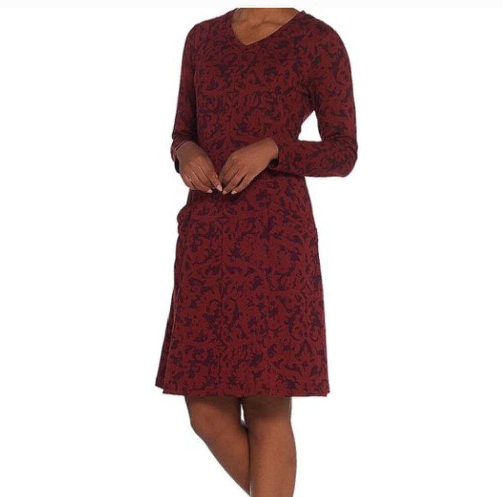 Denim & Co Printed Fit and Flare Dress Long Sleeve Wine Sz XLP EUC